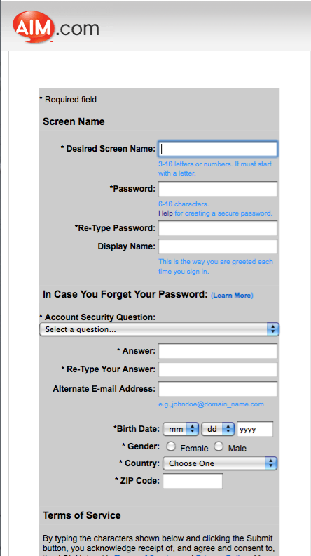 Aim Sign Up Page